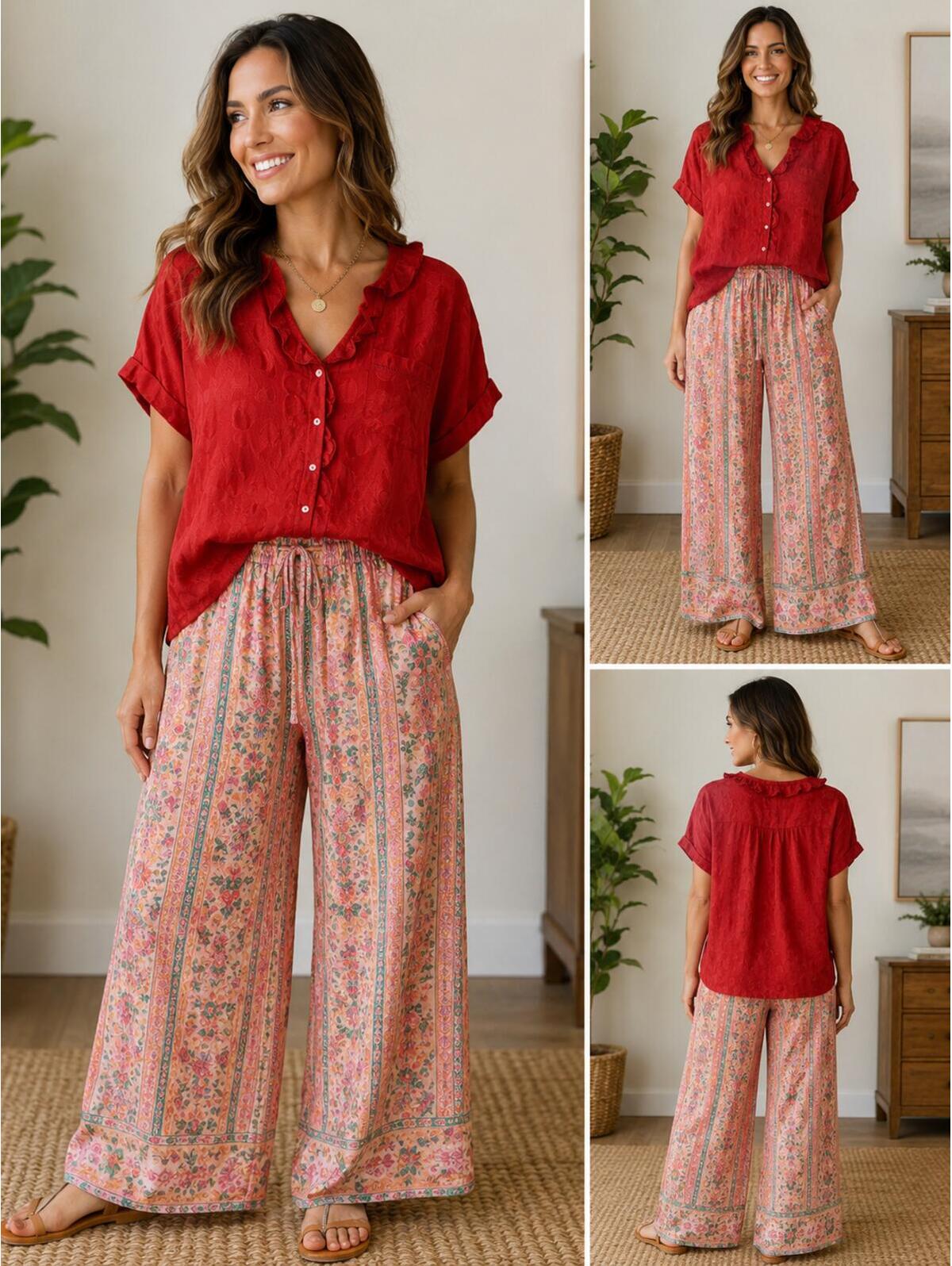Maeve By Anthropologie Red Crinkled Button Front Short-Sleev